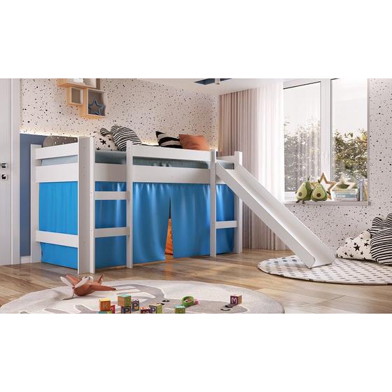 Cama Infantil Elevada com Escorregador Cortina Azul Playground Menor preço em Cama Infantil Elevada com Escorregador Cortina Azul Playground