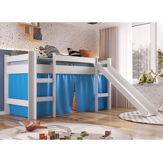 Imagem de Cama Infantil Elevada com Escorregador Cortina Azul Playground