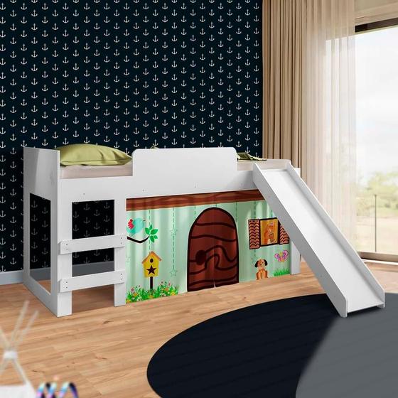 Imagem de Cama Infantil Elevada Com Escorregador E Colchão Solteiro Branco Joyful Shop JM