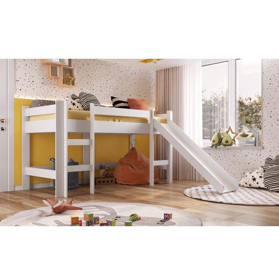 Imagem de Cama Infantil Elevada Com Escorregador Sem Cortina Branco - Completa Móveis