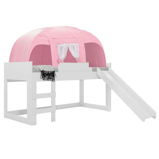 Imagem de Cama Infantil Joy com Escorregador 21A Branco Acetinado e Dossel Barraca Play Rosa  Pura Magia