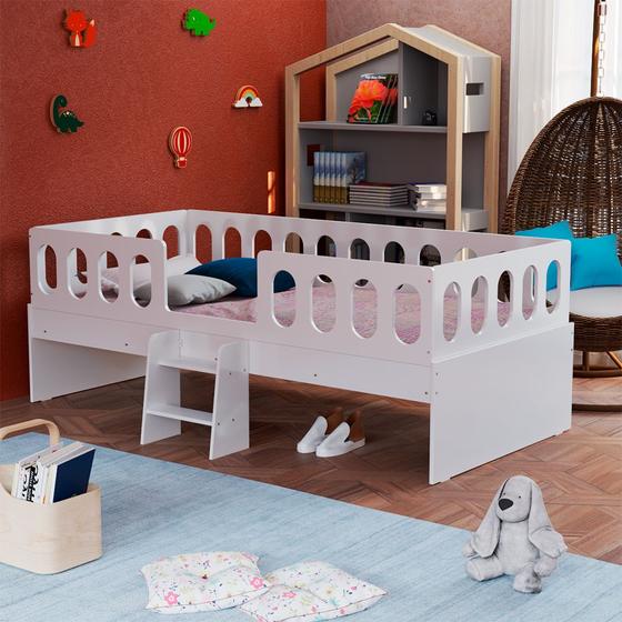 Imagem de Cama Infantil Lara Solteiro Com Escadinha Branco - Baby Mobília