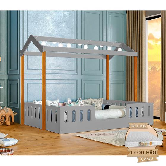 Imagem de Cama Infantil Montessoriana Ágatha Casal com Led e Colchão Cinza/amêndoa