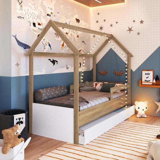 Imagem de Cama Infantil Montessoriana Bicama Casinha Menino Menina Solteiro 196cm com Proteção Lateral e Cama Auxiliar Aveiro com Branco