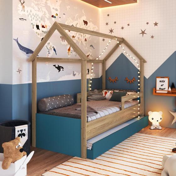Imagem de Cama Infantil Montessoriana Bicama Casinha Solteiro Menino Menina com Proteção Lateral e Cama Auxiliar Aveiro com Azul