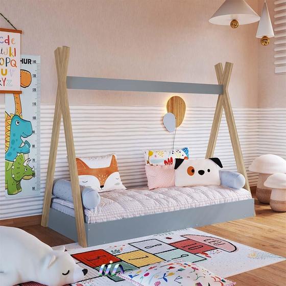 Imagem de Cama Infantil Montessoriana Cabana 72cm x 158cm Azul Secreto Thaddeus Completa Móveis