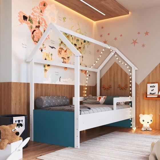 Imagem de Cama Infantil Montessoriana Casinha com Colchão Menino Menina Solteiro 196cm com Proteção Lateral Branco com Azul