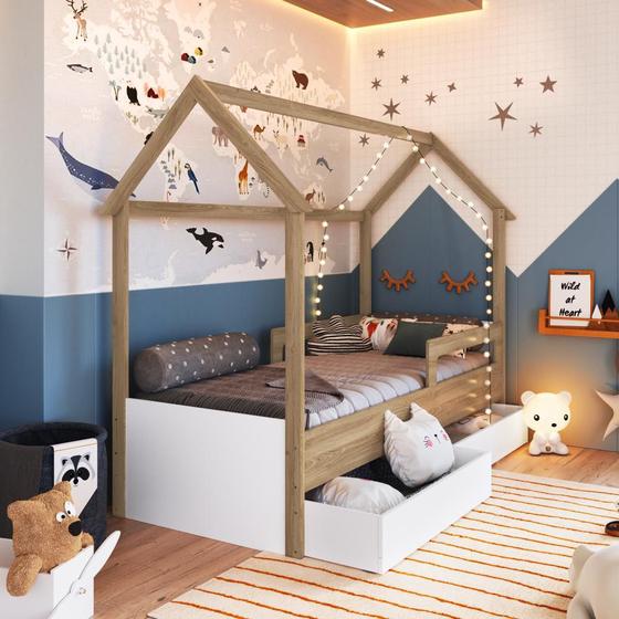 Imagem de Cama Infantil Montessoriana Casinha Menino Menina Solteiro 196cm com Proteção Lateral e Gavetas com Rodas Aveiro com Branco