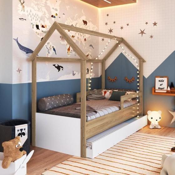 Imagem de Cama Infantil Montessoriana com Cama Auxiliar 2 Colchões Aveiro Oak/Branco