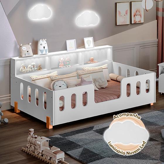 Cama Infantil Montessoriana com Colchão Juvenil Led e Nicho Nina Branca