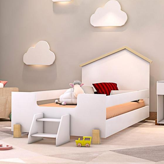 Imagem de Cama Infantil Montessoriana com Escadinha Solteiro Ayla - Branca e Natural