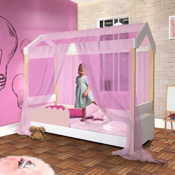 Imagem de Cama Infantil Montessoriana Solteiro Rose Com Voal Rosa Divaloto