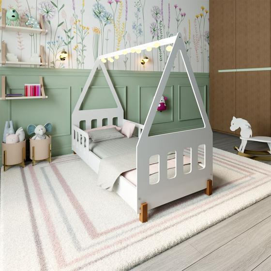 Imagem de Cama Infantil Montessoriana Susy com Led e Grades de Proteção Branco/mel 