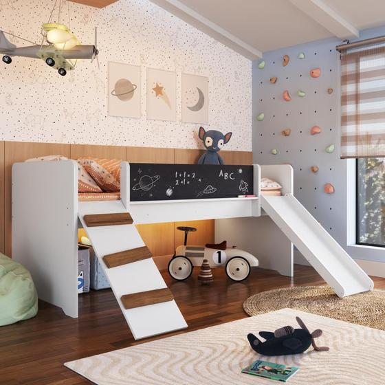 Imagem de Cama Infantil Playground Menino Menina 195cm com Escorregador e Lousa Branca