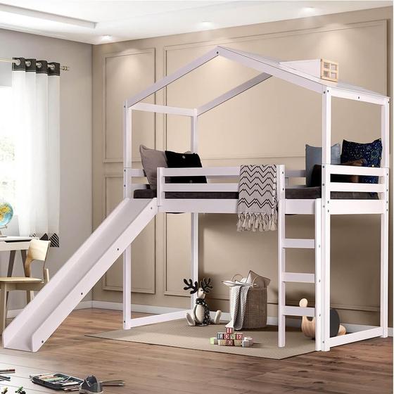 Imagem de Cama Infantil Prime Alta II com Escorregador, Telhado Clarabóia Branco/Natural - Casatema