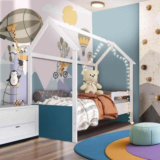 Imagem de Cama Infantil Solteiro Casinha Branco Azul Secreto Carrossel Shop JM