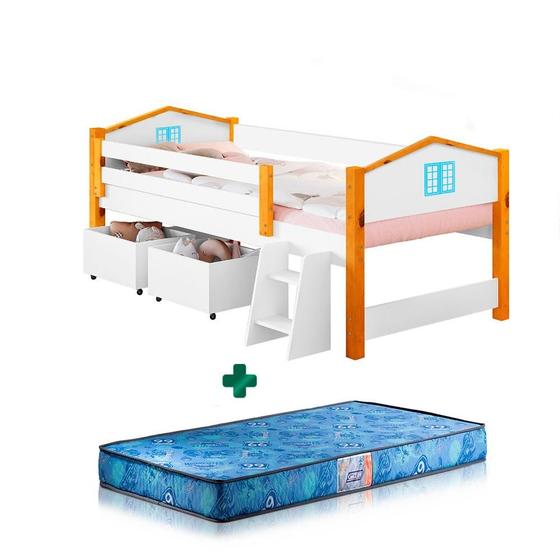 Imagem de Cama Infantil Solteiro Casinha Com Baús Branco Azul Elza Divaloto Com Colchão Gazin