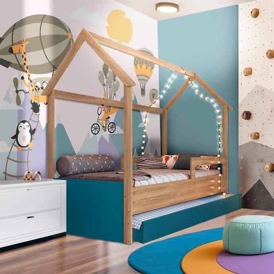 Imagem de Cama Infantil Solteiro Com 2 Colchões E Auxiliar Casinha Aveiro Oak Azul Secreto Carrossel Shop JM