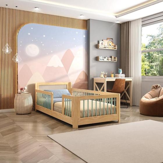 Imagem de Cama Infantil Solteiro Montessoriano Wave com Rattan Casatema Verde/Natural