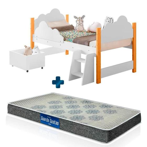 Imagem de Cama Infantil Solteiro Nuvem Com Baú Branco Maia Divaloto Com Colchão Probel D20