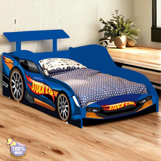 Imagem de Cama Juvenil 1,50 x 70 Carro stock  Azul Menino  Corrida Proteção Facil Acesso Hot Wheels Relâmpago McQueen Baixa Quarto Criança Personagem