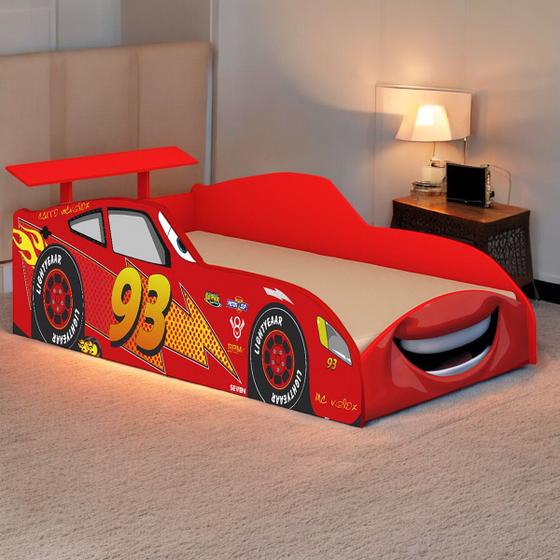 Imagem de Cama Juvenil 1,50 x 70 Carro stock  Azul Menino  Corrida Proteção Facil Acesso Hot Wheels Relâmpago McQueen Baixa Quarto Criança Personagem