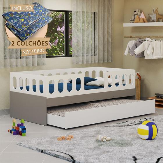 Imagem de Cama Juvenil Lara Solteiro Com Cama Auxiliar E 2 Colchões Branco E Cinza - Baby Mobília