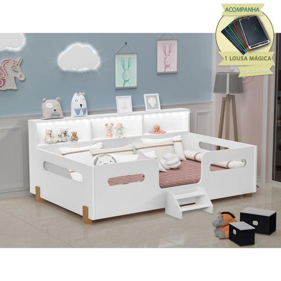 Imagem de Cama Juvenil Mary com Escada Led e Nicho Branco/mel + Acompanha Lousa Mágica
