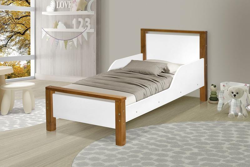 Imagem de cama juvenil retro branco detalhe amendoa com pes madeira design retro moderno pintura fosca