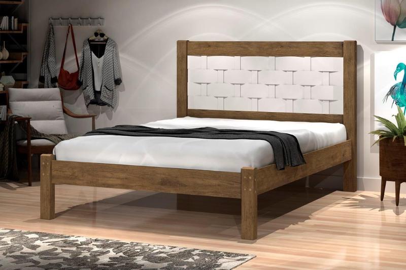 Imagem de Cama LAI Casal Com Cabeceira Trabalhada 100% MDF Com Estrado em Madeira Cor Jequitiba/Off  White