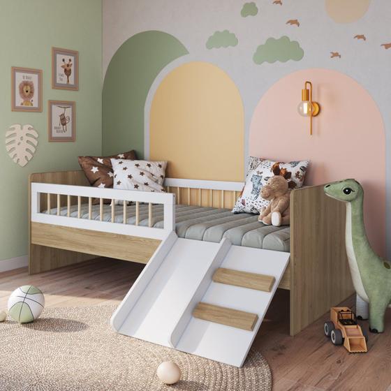 Imagem de Cama Montessoriana de Solteiro com Escada e Escorrega Affetto Aveiro OAK com Branco