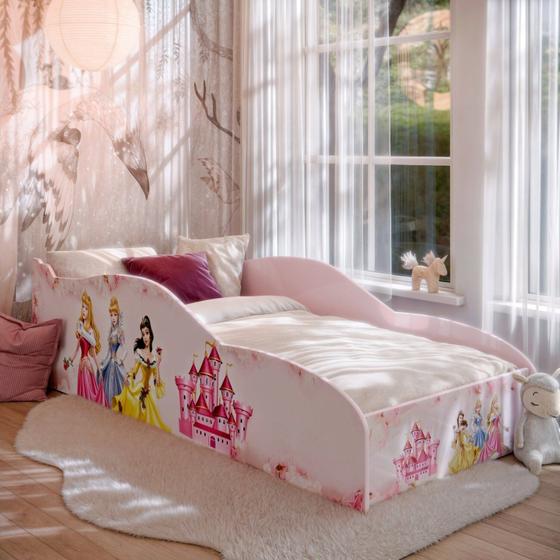 Imagem de Cama Montessoriana Infantil Princesa com Colchão e Proteção Lateral para Quarto de Criança Menina Rosa