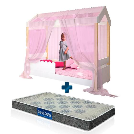 Imagem de Cama Montessoriana Solteiro Branca Com Led E Voal Rosa Jhulia Divaloto Com Colchão Probel D20