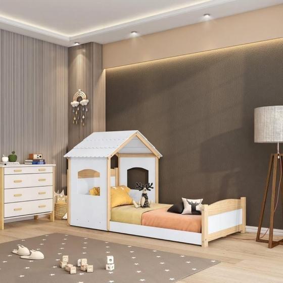 Imagem de Cama Montessoriana Solteiro Casinha + Telhado Casatema Branco/Natural