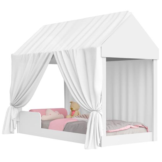 Imagem de Cama Montessoriana Solteiro com Dossel Branca infantil menina menino casinha castelo