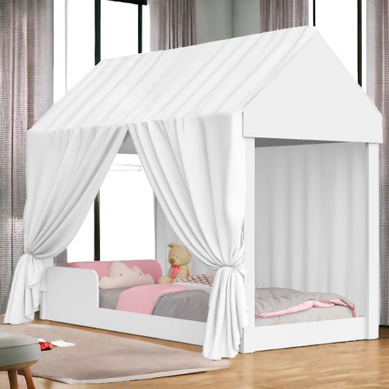 Imagem de Cama Montessoriana Solteiro Com Dossel Branco Bela Casinha Meninas Meninos Quarto Criança 