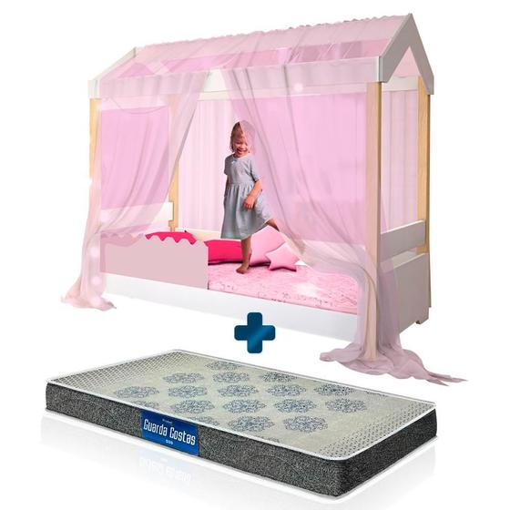 Imagem de Cama Montessoriana Solteiro Rose Com Led E Voal Rosa Jhulia Divaloto Com Colchão Probel D20