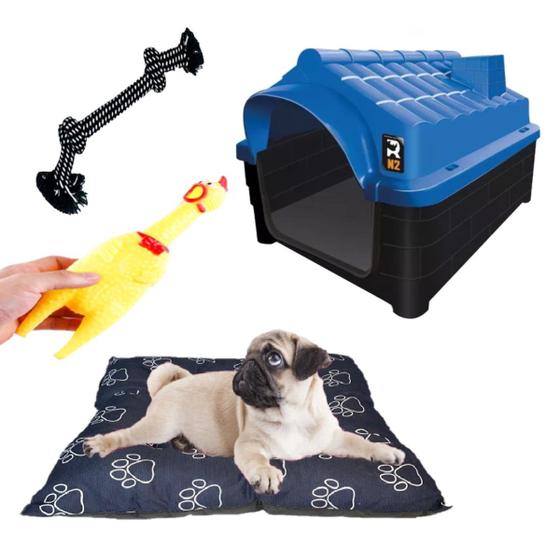 Imagem de Cama Pet Cães Lavável Preto + Casa N2 Azul + Brinquedos Dog