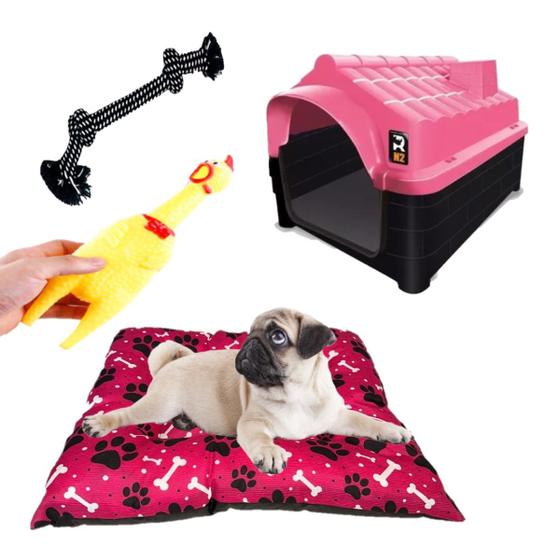 Imagem de Cama Pet Cães Lavável Rosa + Casa N2 Rosa + Brinquedos Dog