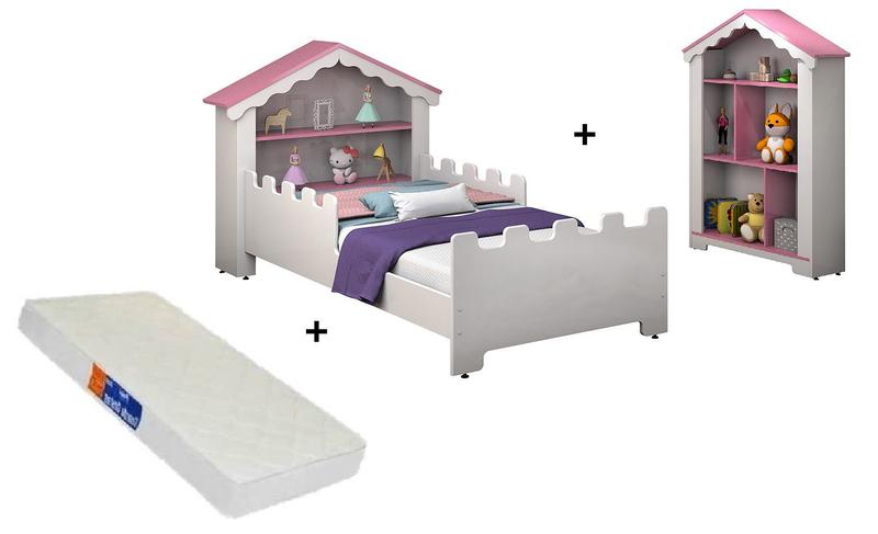 Imagem de Cama Princesa Castelo com Colchão + Estante Branco e Rosa