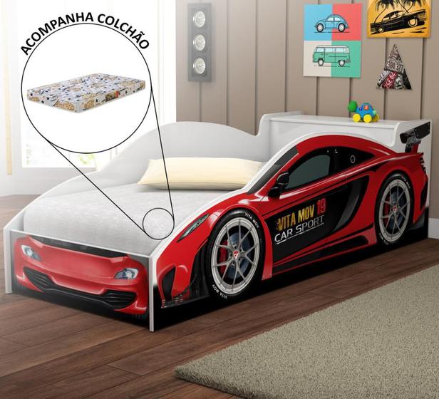 Menor preço em Cama Quarto Carro Infantil Baú C/ Colchao Grade de Proteção