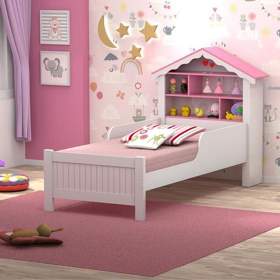Cama Quarto Solteiro Casa Princesa c/ Estante Menor preço em Cama Quarto Solteiro Casa Princesa c/ Estante