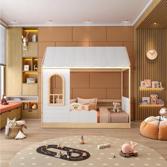 Imagem de Cama Reversível Casinha com Telhado, Led, Janela e Grade Frontal New Garden Casatema
