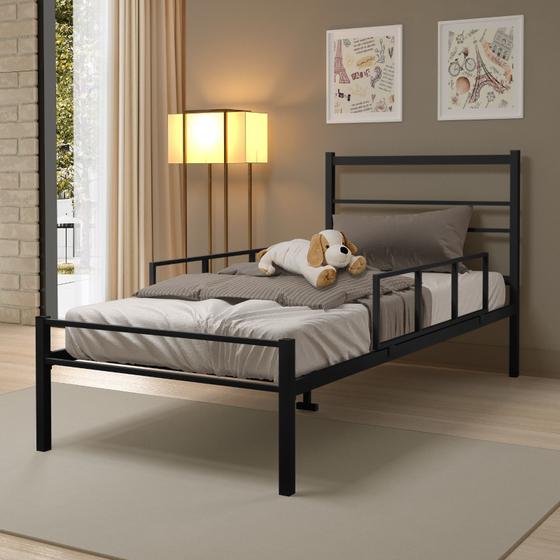 Imagem de Cama Solteiro 100% Ferro Cristal P/ 160 kg C/Grade de Proteção  -Super Resistente -Preto