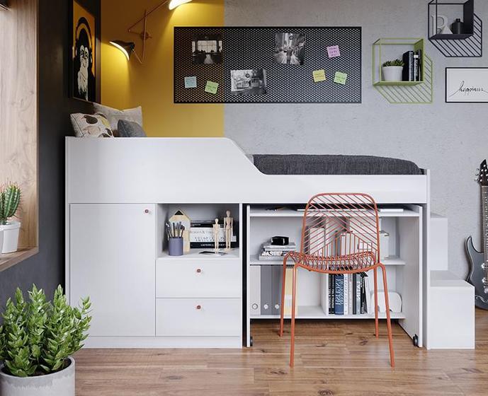 Cama solteiro Aila Branca multifuncional com escrivaninha embutida - 100% MDF Menor preço em Cama solteiro Aila Branca multifuncional com escrivaninha embutida - 100% MDF