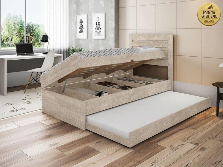 Cama Solteiro Bau Larissa Amarula Com cama auxiliar Dani Framar Menor preço em Cama Solteiro Bau Larissa Amarula Com cama auxiliar Dani Framar