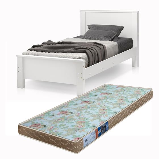 Imagem de cama solteiro branco  para quarto com pés de madeira já com colchão D23 c/estrado madeira