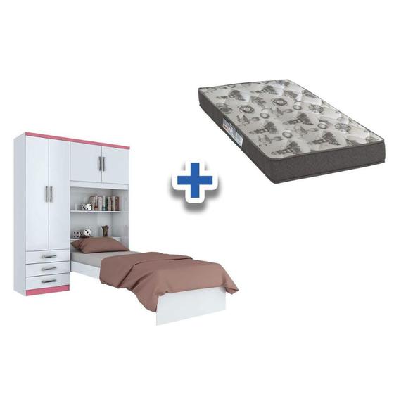 Imagem de Cama Solteiro + Colchão D33 Ortobom + Guarda Roupa Cravo Branco/Rosa