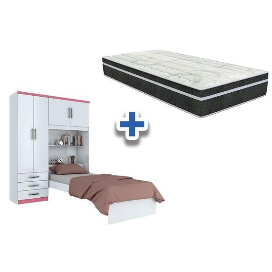 Imagem de Cama Solteiro + Colchão Venezia Black + Guarda Roupa Cravo Branco/Rosa