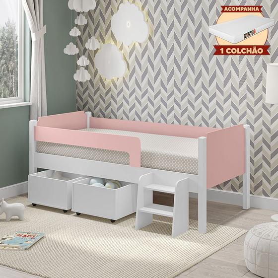 Imagem de Cama Solteiro Com 2 Baus Organizador E Escada Luna Plus Branco/Rosa Com Colchão